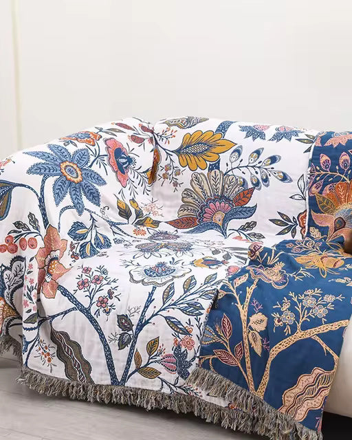 Miłośnicy Wnętrz Dwustronny Kocyk – Kwiatowy Wzór z Frędzlami dla Artystycznego Ciepła 1