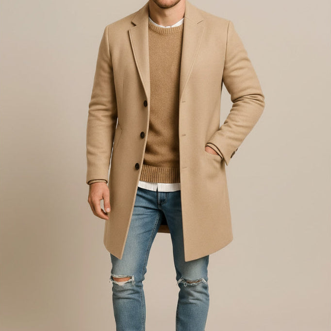 Męski Długi Płaszcz - Jednorzędowy, Prosty Fason