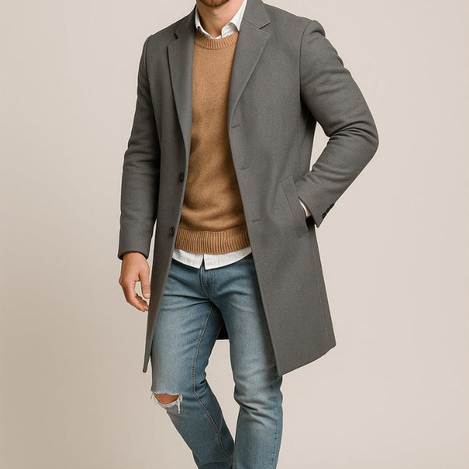 Męski Długi Płaszcz - Jednorzędowy, Prosty Fason