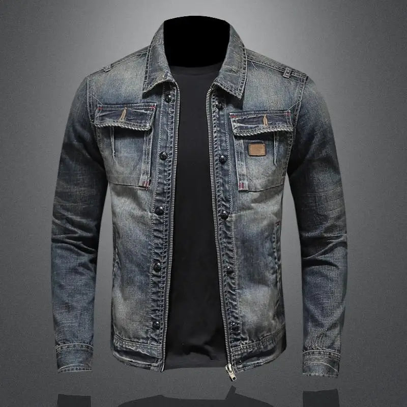 Męska Kurtka Jeansowa w Stylu Vintage - Zamek Błyskawiczny i Guziki z Przodu