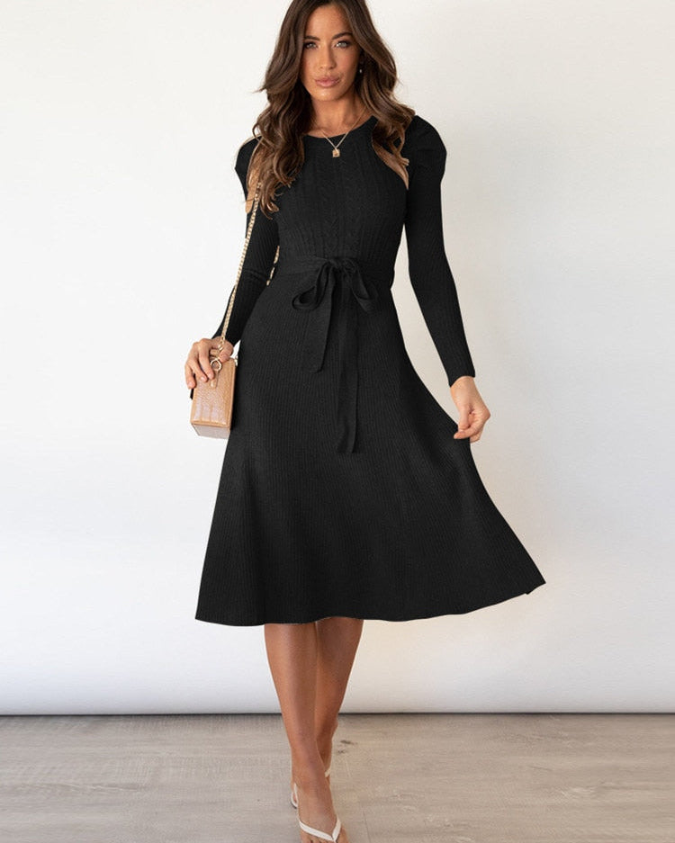Sukienka Damska – Ciepła Dzianinowa Sukienka w Kształcie Litery A z Pasem na Chłodniejsze Dni 0