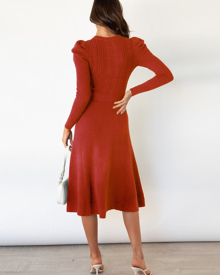 Sukienka Damska – Ciepła Dzianinowa Sukienka w Kształcie Litery A z Pasem na Chłodniejsze Dni 2