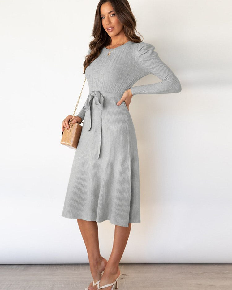 Sukienka Damska – Ciepła Dzianinowa Sukienka w Kształcie Litery A z Pasem na Chłodniejsze Dni 3