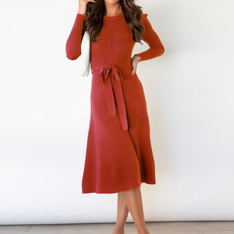 Sukienka Damska – Ciepła Dzianinowa Sukienka w Kształcie Litery A z Pasem na Chłodniejsze Dni 7