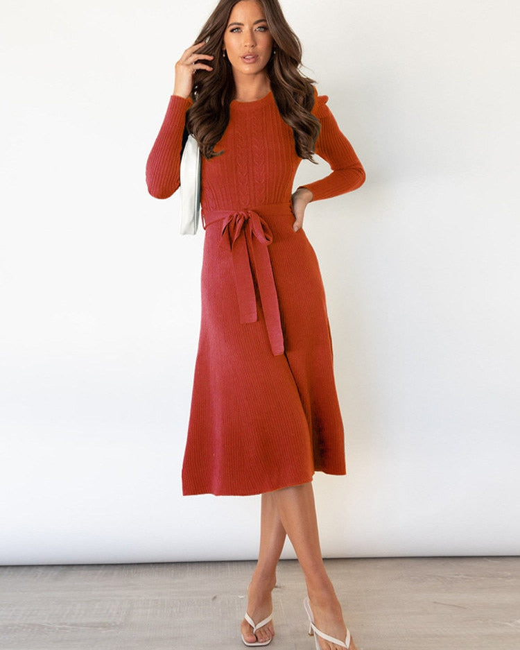Sukienka Damska – Ciepła Dzianinowa Sukienka w Kształcie Litery A z Pasem na Chłodniejsze Dni 7
