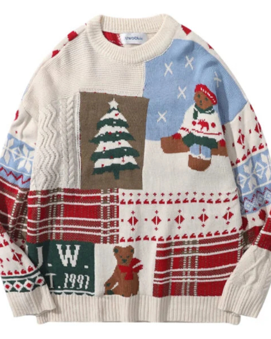 Unisex Świąteczny Sweter – Patchworkowy Wzór z Misiem dla Wygodnych Imprez Świątecznych 0