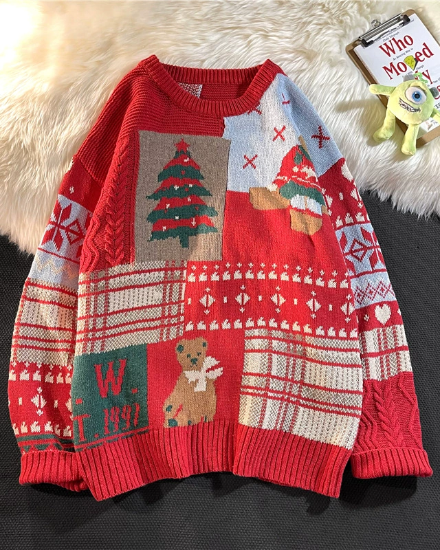 Unisex Świąteczny Sweter – Patchworkowy Wzór z Misiem dla Wygodnych Imprez Świątecznych 1