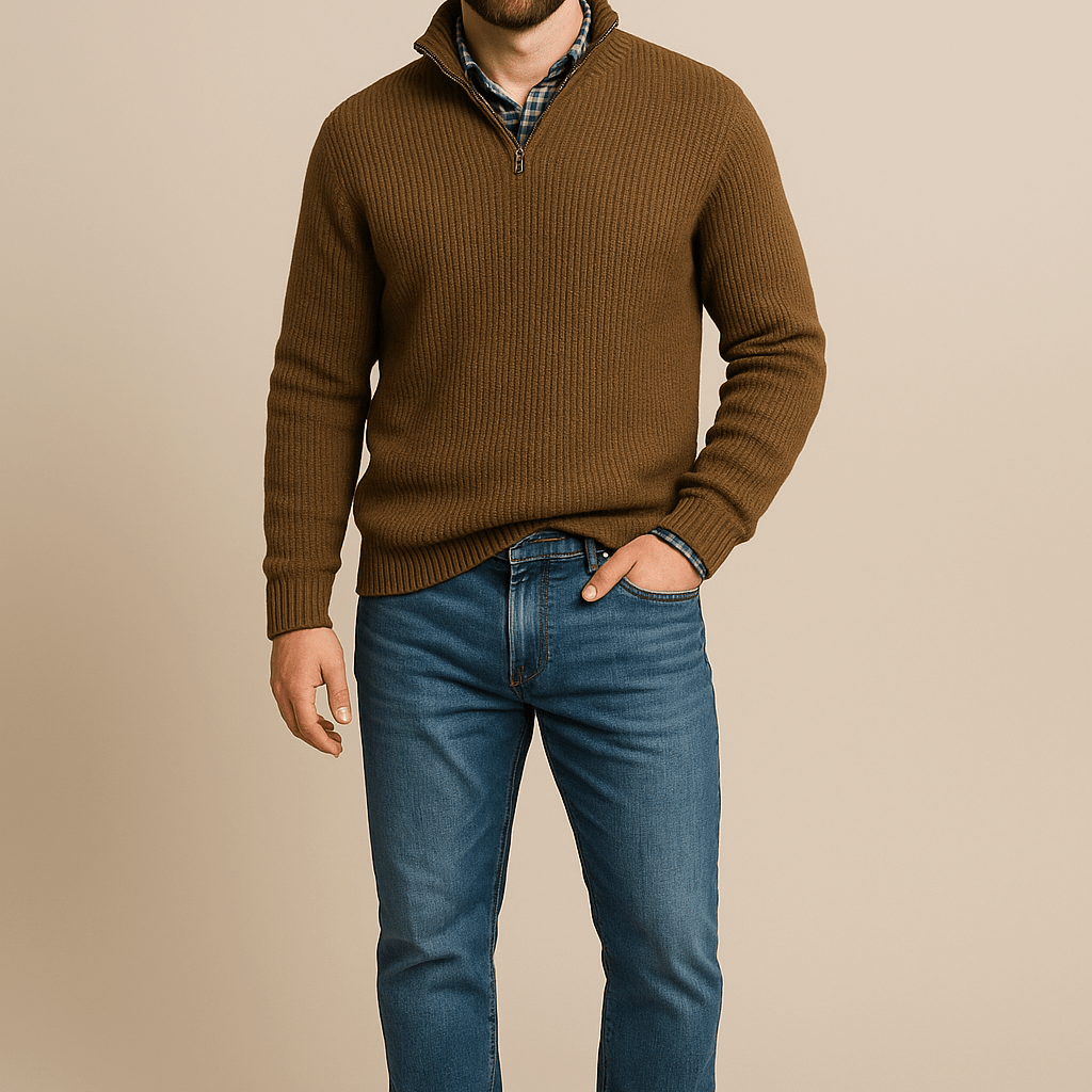 Męski Sweter Na Zamek 1/4 - Gruby W Prążki, Półgolf
