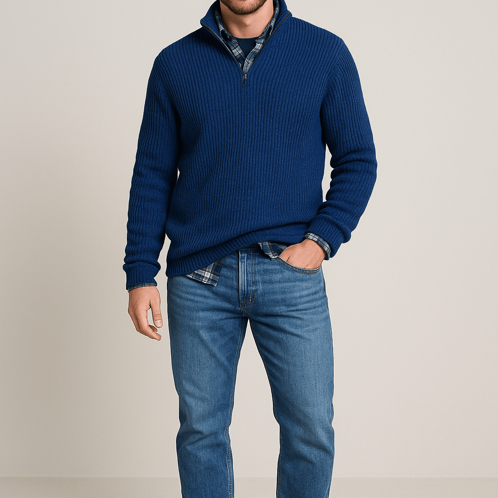 Męski Sweter Na Zamek 1/4 - Gruby W Prążki, Półgolf