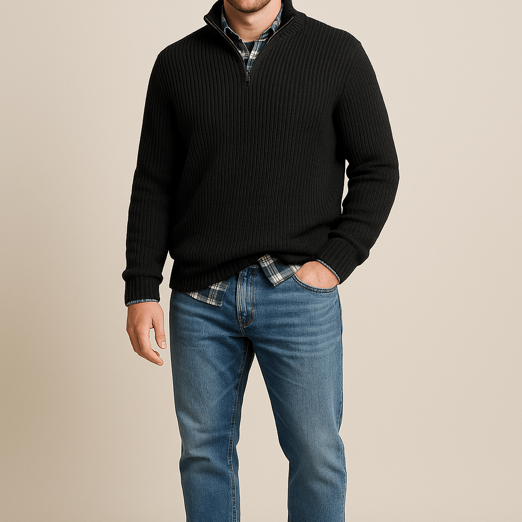 Męski Sweter Na Zamek 1/4 - Gruby W Prążki, Półgolf