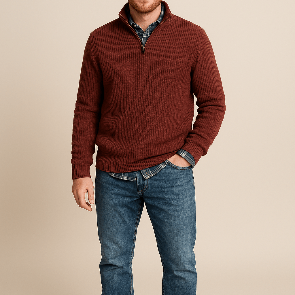 Męski Sweter Na Zamek 1/4 - Gruby W Prążki, Półgolf