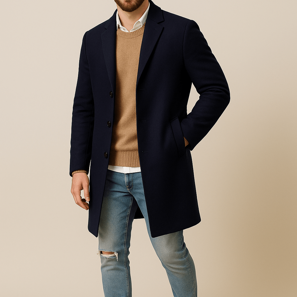 Męski Długi Płaszcz - Jednorzędowy, Prosty Fason