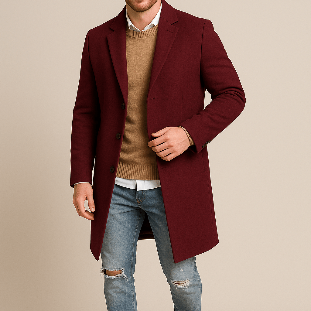 Męski Długi Płaszcz - Jednorzędowy, Prosty Fason