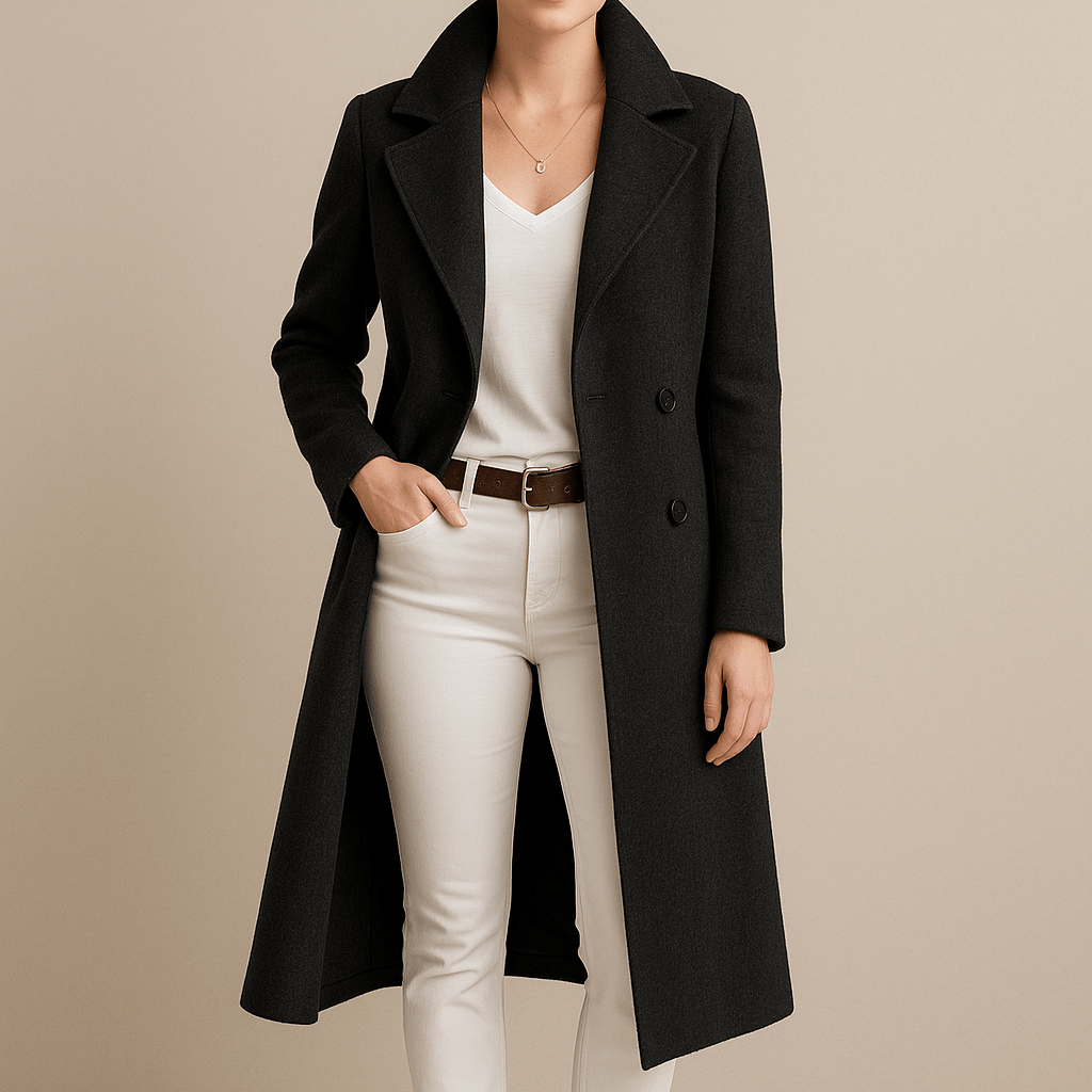 Damski Długi Płaszcz - Dwurzędowy Z Szerokimi Klapami