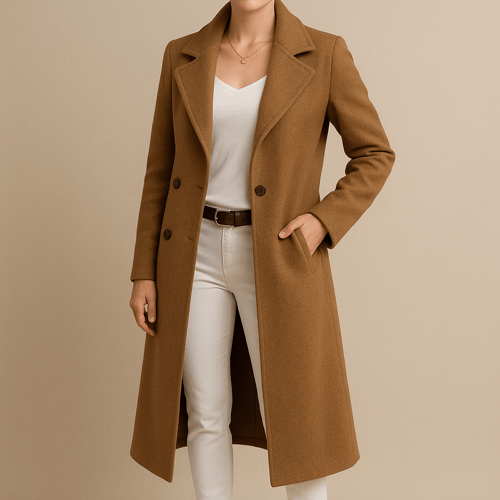 Damski Długi Płaszcz - Dwurzędowy Z Szerokimi Klapami