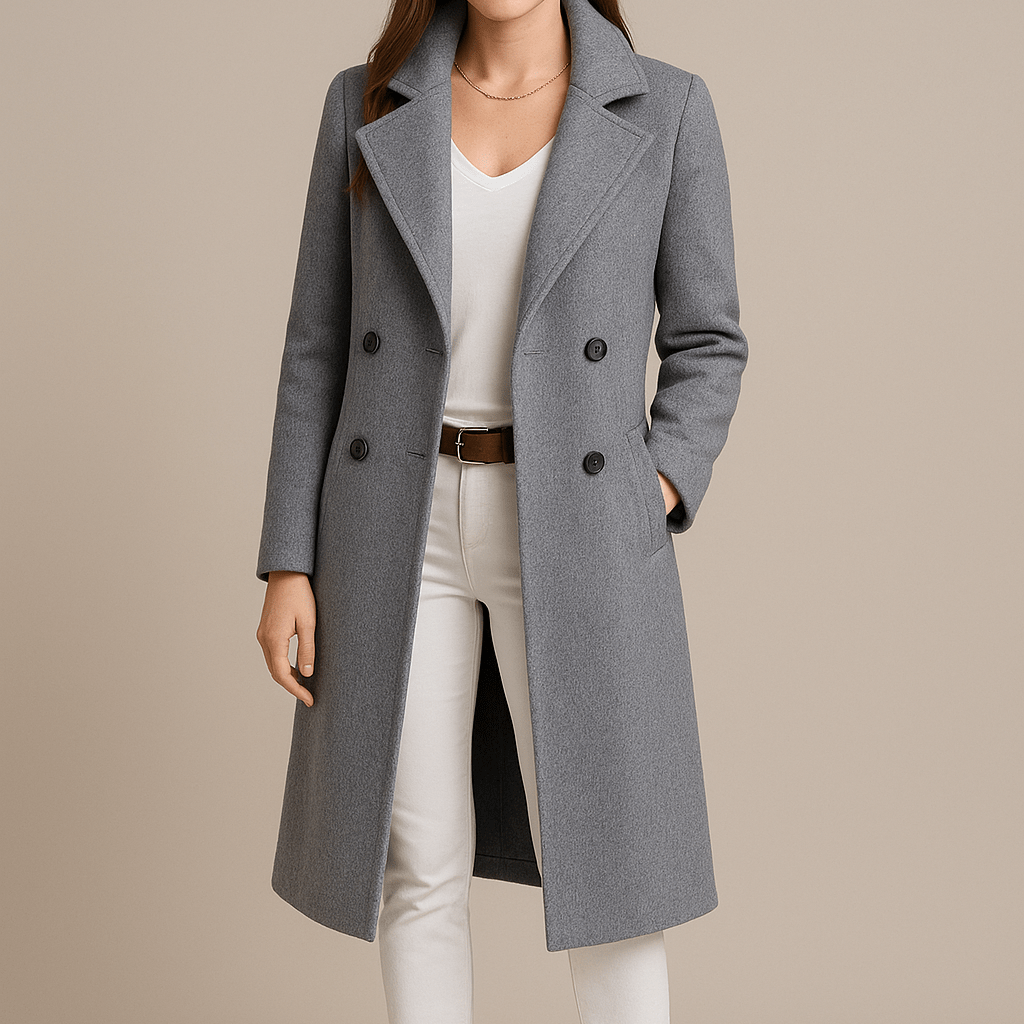 Damski Długi Płaszcz - Dwurzędowy Z Szerokimi Klapami