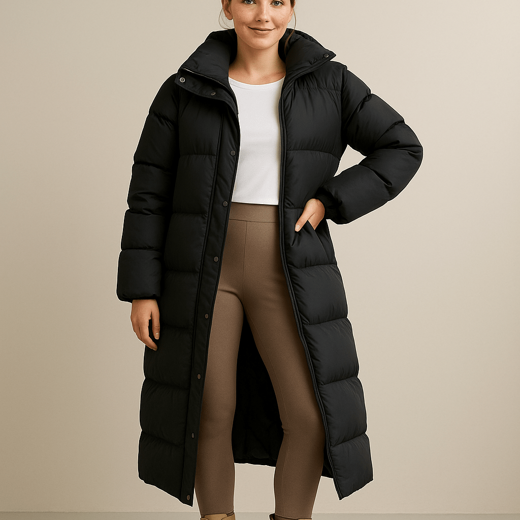 Damski Długi Płaszcz Pikowany Oversize - Ocieplany z Kapturem