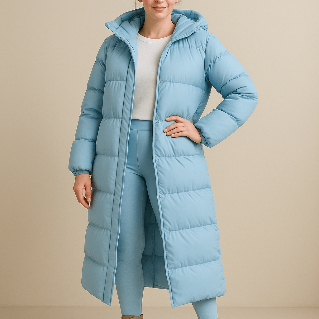 Damski Długi Płaszcz Pikowany Oversize - Ocieplany z Kapturem