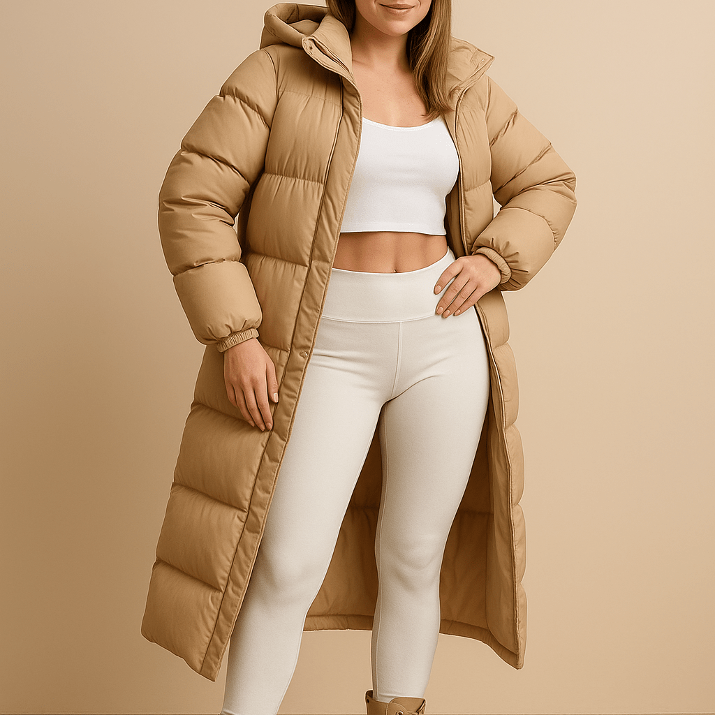 Damski Długi Płaszcz Pikowany Oversize - Ocieplany z Kapturem