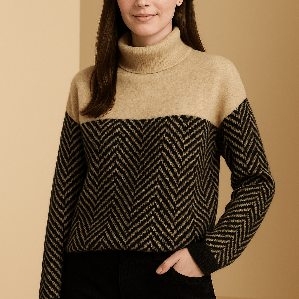 Damski Sweter Golf - Color Block z Wzorem Jodełki