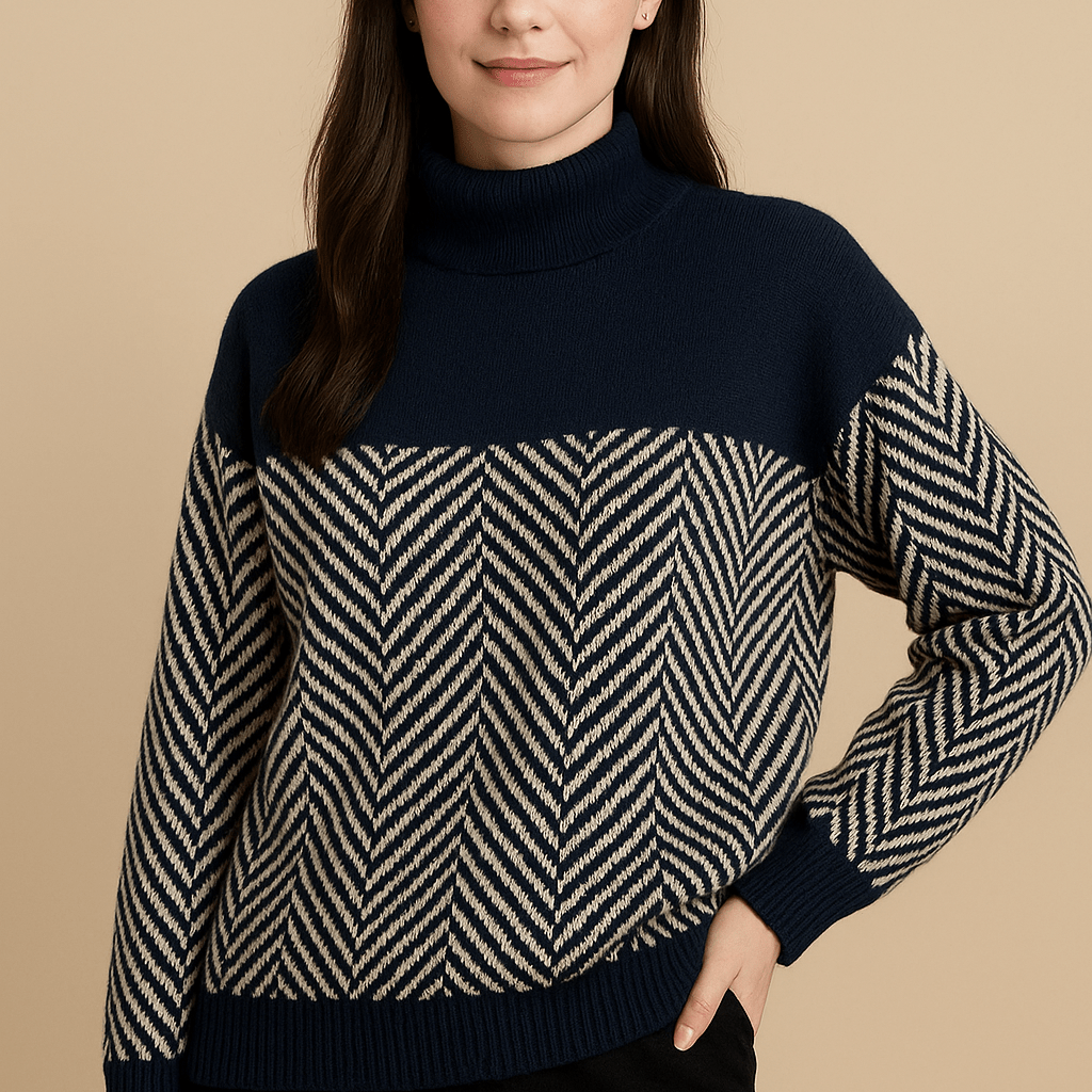 Damski Sweter Golf - Color Block z Wzorem Jodełki