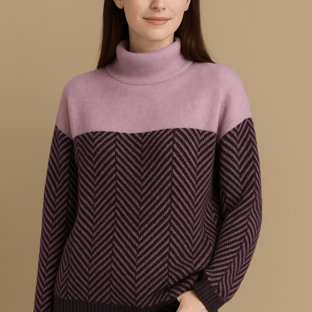 Damski Sweter Golf - Color Block z Wzorem Jodełki