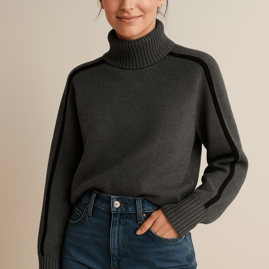 Damski Sweter Golf Oversize - Dzianinowy w Kontrastowy Wzór