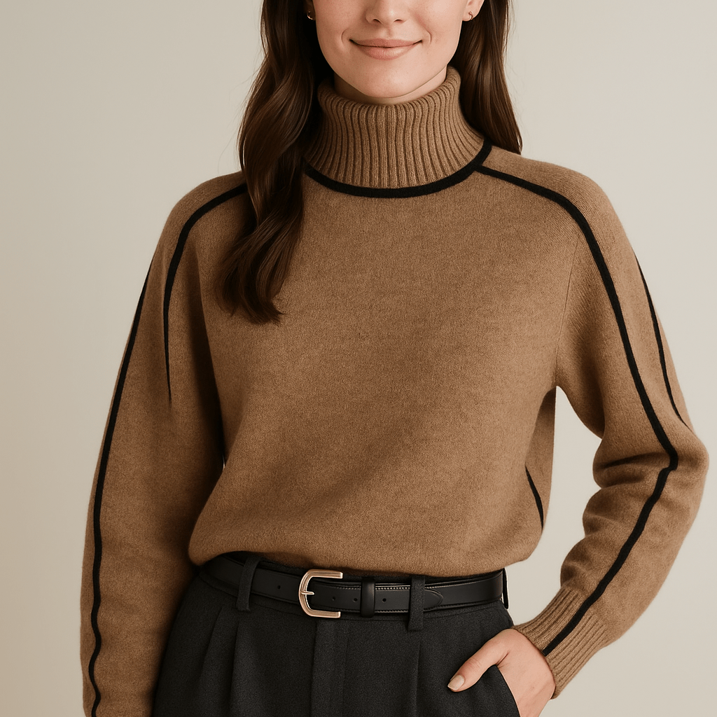 Damski Sweter Golf Oversize - Dzianinowy w Kontrastowy Wzór