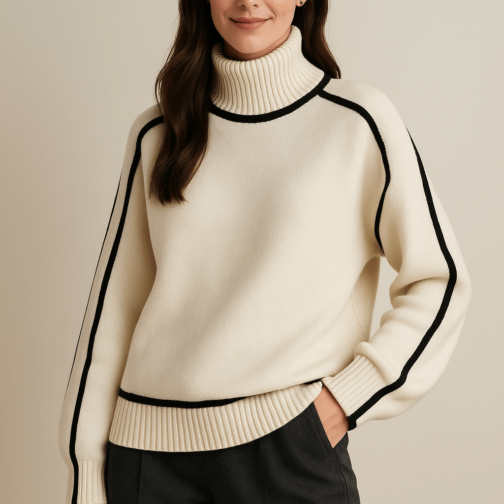 Damski Sweter Golf Oversize - Dzianinowy w Kontrastowy Wzór