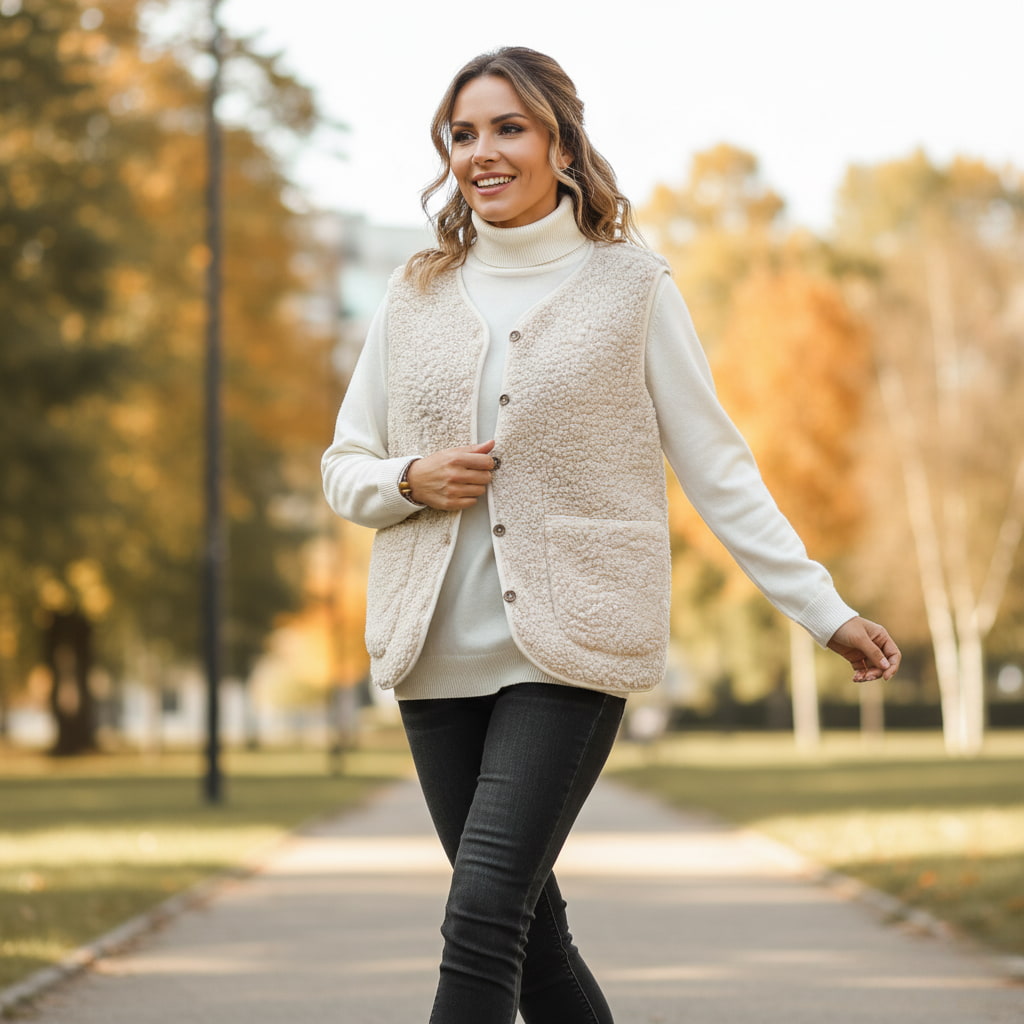 Damska Kamizelka Pluszowa – Elegancki Krój z Guzikami na Każdą Okazję 1