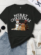 Damska Koszulka Świąteczna – Uroczy Nadruk z Psami w Czapkach Mikołaja, Idealna na Codzienne Noszenie 0