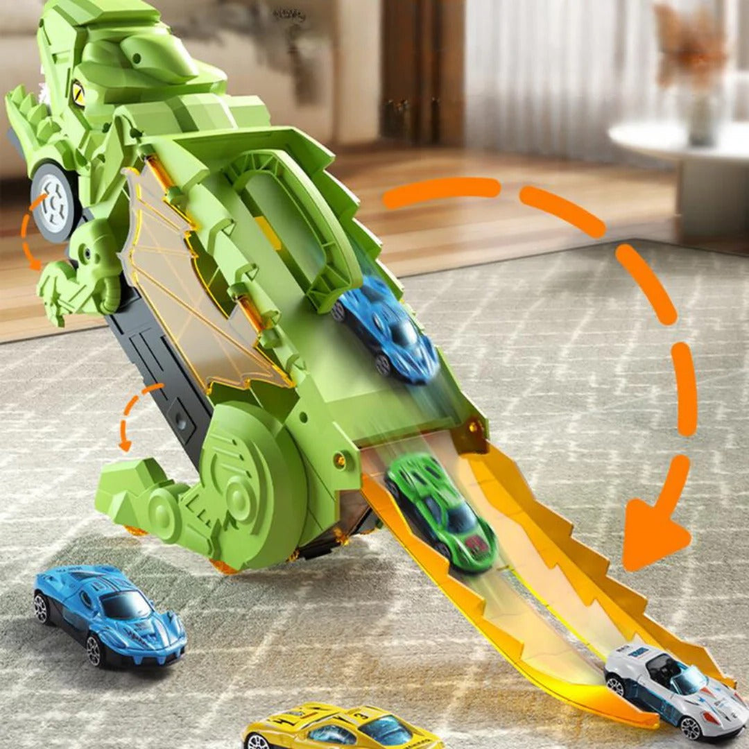 Dzieci Zestaw Zabawki – Ciężarówka z Dinozaurem 2 w 1 z Torami Wyścigowymi 6