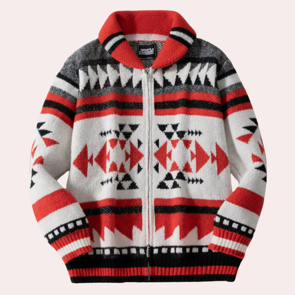 Męski Czerwony Kardigan - Zapinany na Zamek z Wzorem Geometrycznym