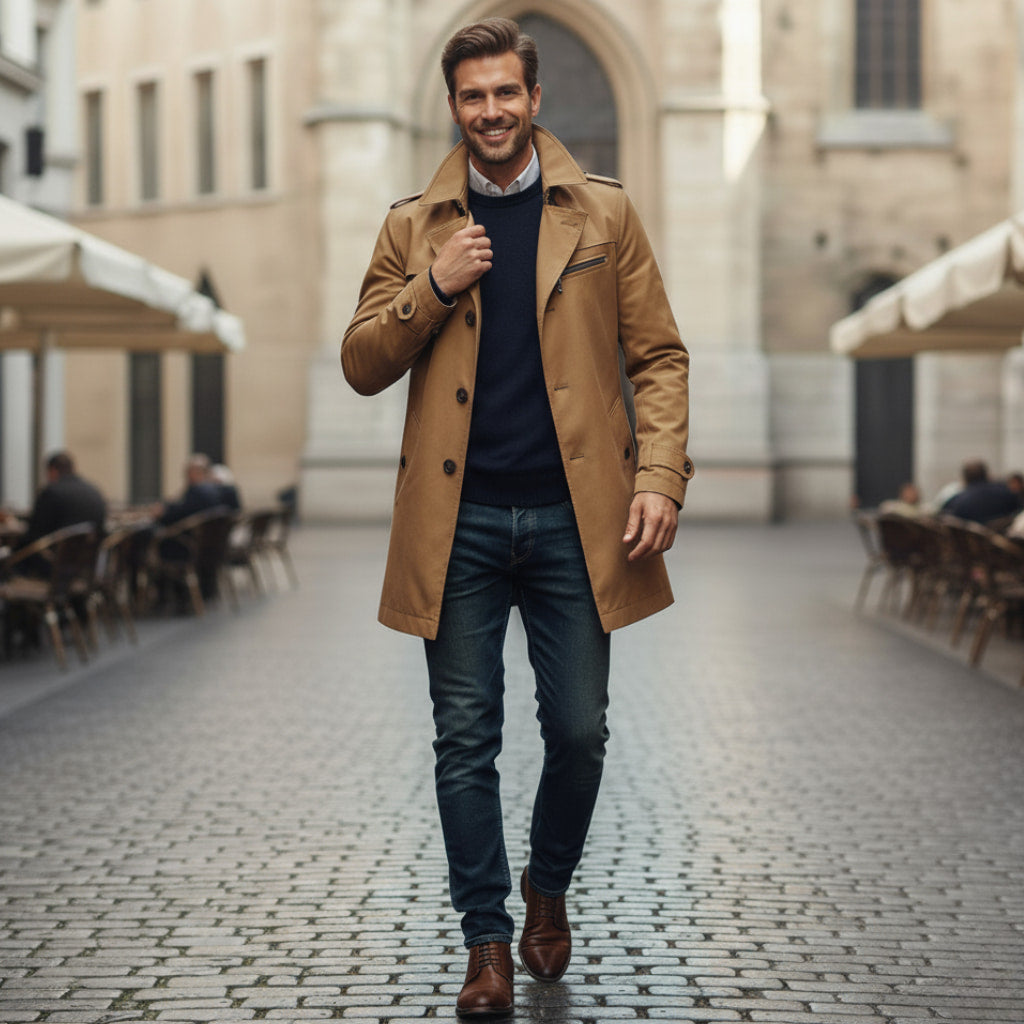 Męski Płaszcz Wodoodporny – Elegancki Trencz w Stylu Militarnym na Wiosnę i Jesień 2