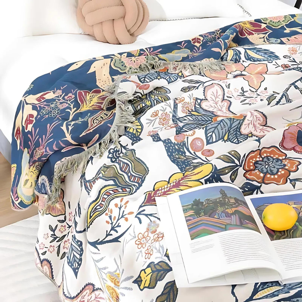 Miłośnicy Wnętrz Dwustronny Kocyk – Kwiatowy Wzór z Frędzlami dla Artystycznego Ciepła 2