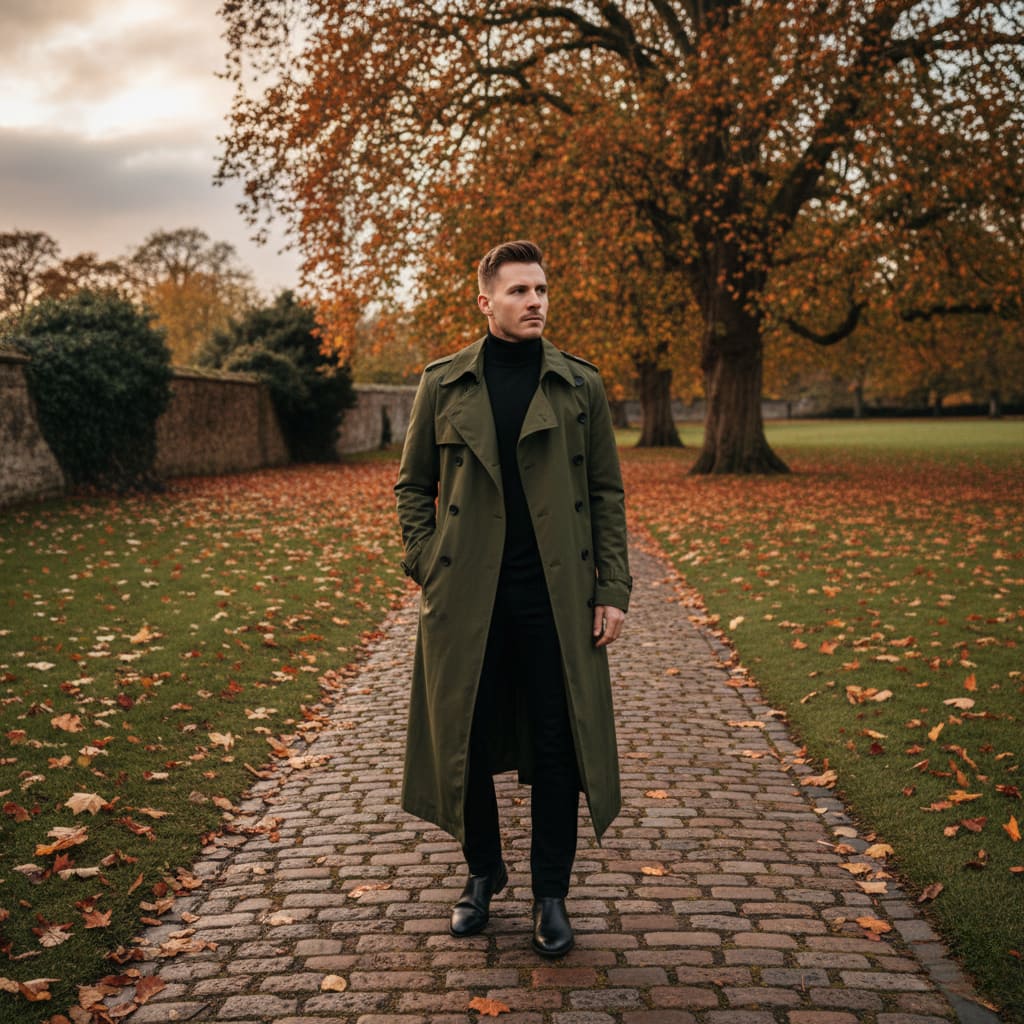 Płaszcz Męski Czarny – Elegancki Dwurzędowy Trencz Wodoodporny na Wiosnę i Jesień 1