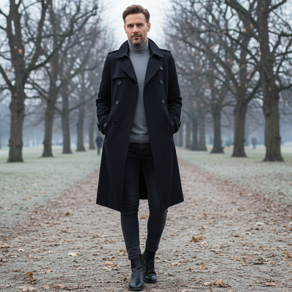 Płaszcz Męski Czarny – Elegancki Dwurzędowy Trencz Wodoodporny na Wiosnę i Jesień 2