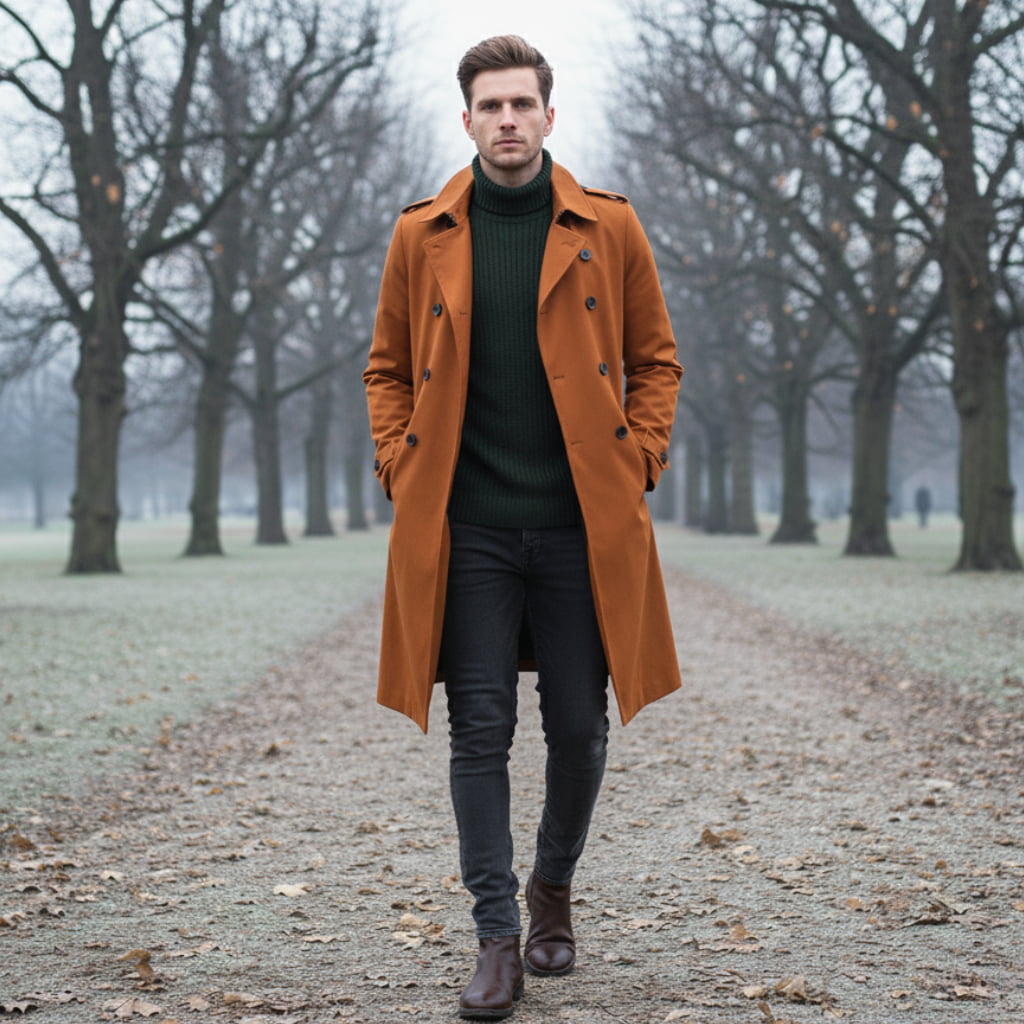 Płaszcz Męski Czarny – Elegancki Dwurzędowy Trencz Wodoodporny na Wiosnę i Jesień 4