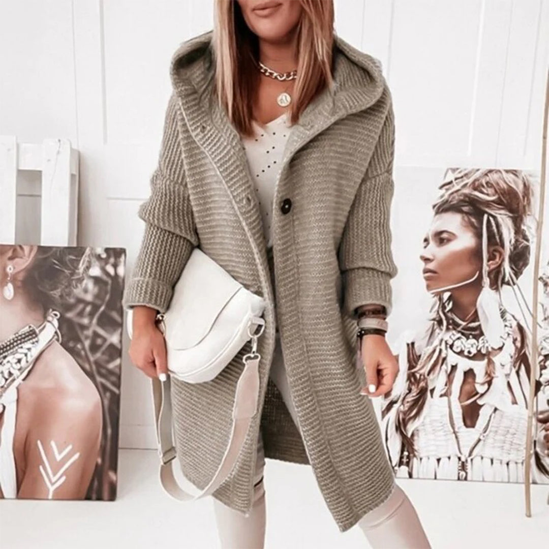 Damski Długi Kardigan - Dzianinowy z Kapturem i Guzikami