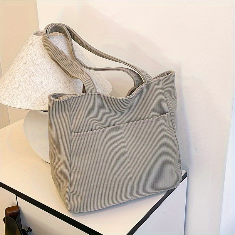 Damska Khaki Corduroy Tote Bag - Duża Torba na Ramię