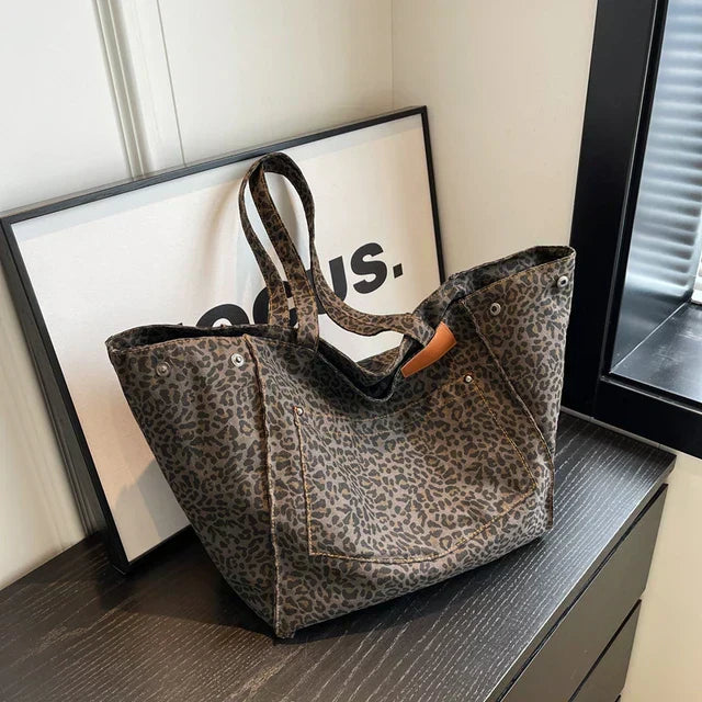 Damska Leopard Print Oversized Tote Bag - Codzienna Torba na Ramię