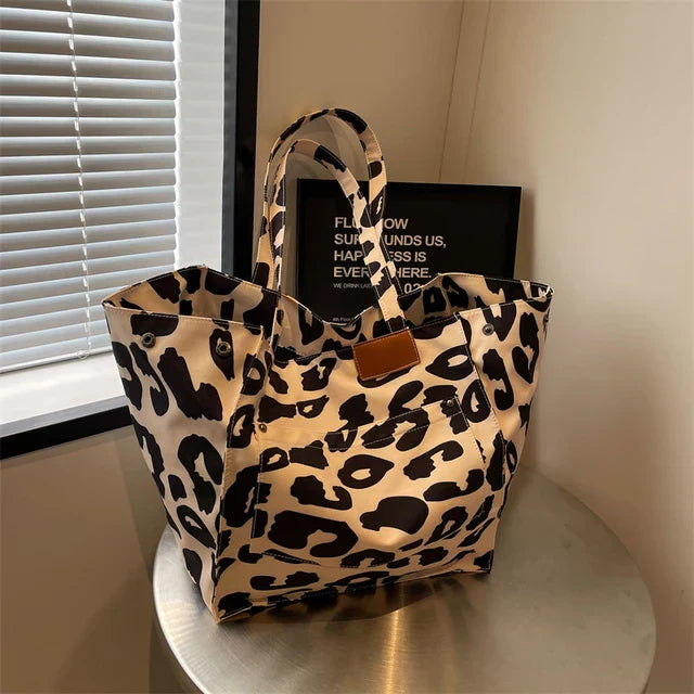 Damska Leopard Print Oversized Tote Bag - Codzienna Torba na Ramię