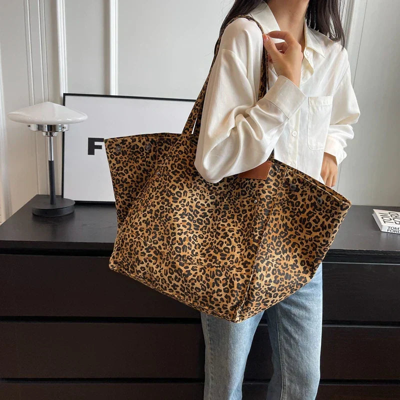 Damska Leopard Print Oversized Tote Bag - Codzienna Torba na Ramię